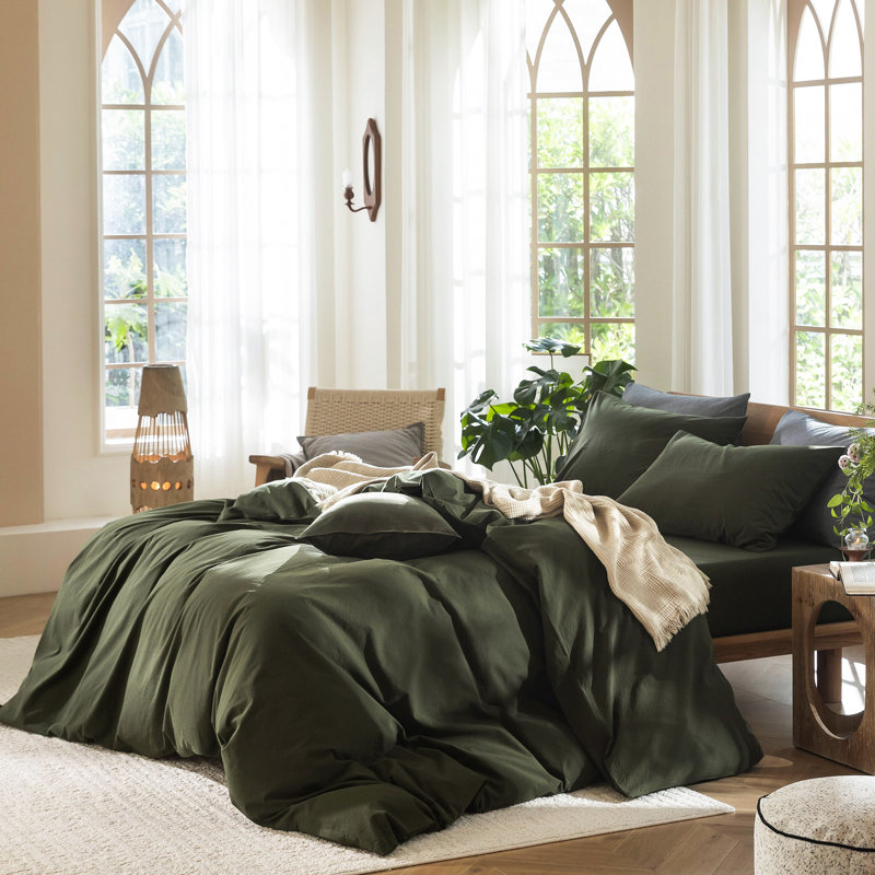 MooMee Lightweight Duvet Cover Set with Zipper Closure 8 Ties 100% Washed Cotton Linen Like Textured Soft Breathable All-Season