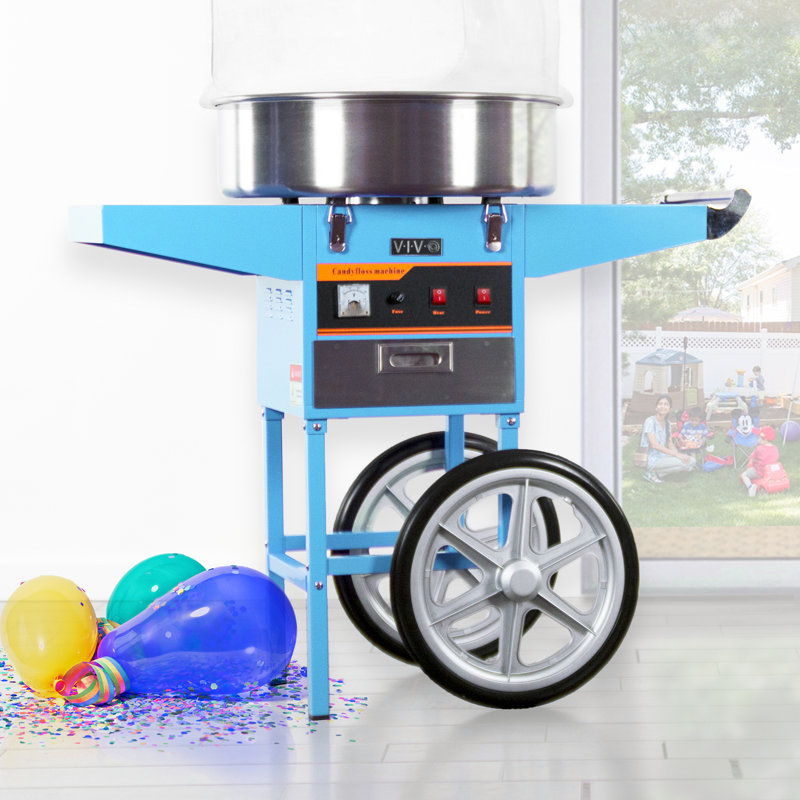 Machine à barbe à papa électrique commerciale avec chariot et pare-bulles, Bleu
