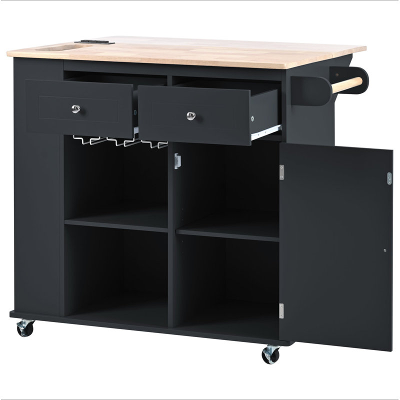 Kitchen Island With Power Outlet,Kitchen Storage Island With Drop Leaf And Rubber Wood,Open Storage And Wine Rack,5 Wheels,With Adjustable Storage For Home, Kitchen, And Dining Room