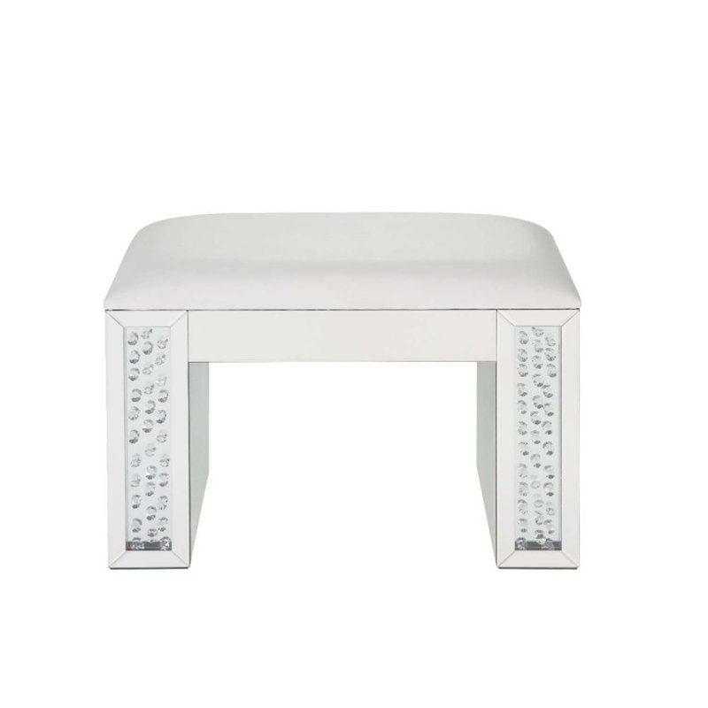 Tabouret de coiffeuse Nysa, similicuir ivoire, miroir et faux cristaux