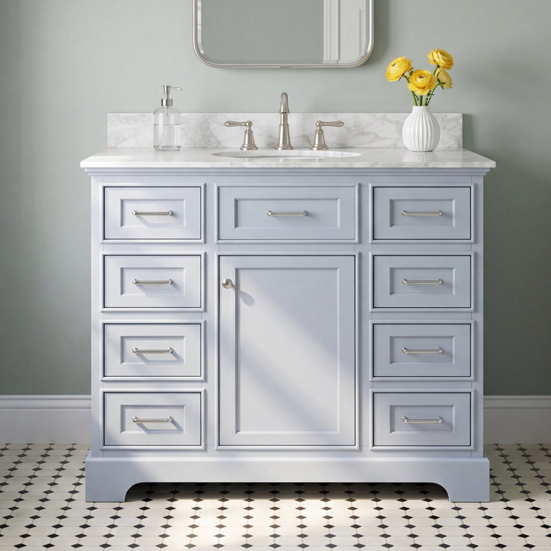 Ronnie 42'' Single Bathroom Vanity with Top, Powder Blue, Carrara Marble