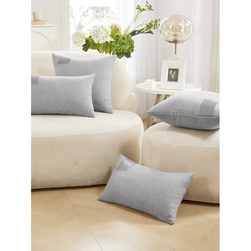 Decorative Solid Pillow Covers with Leather Label (Set of 2), 24"H x 24"W, Light Gray