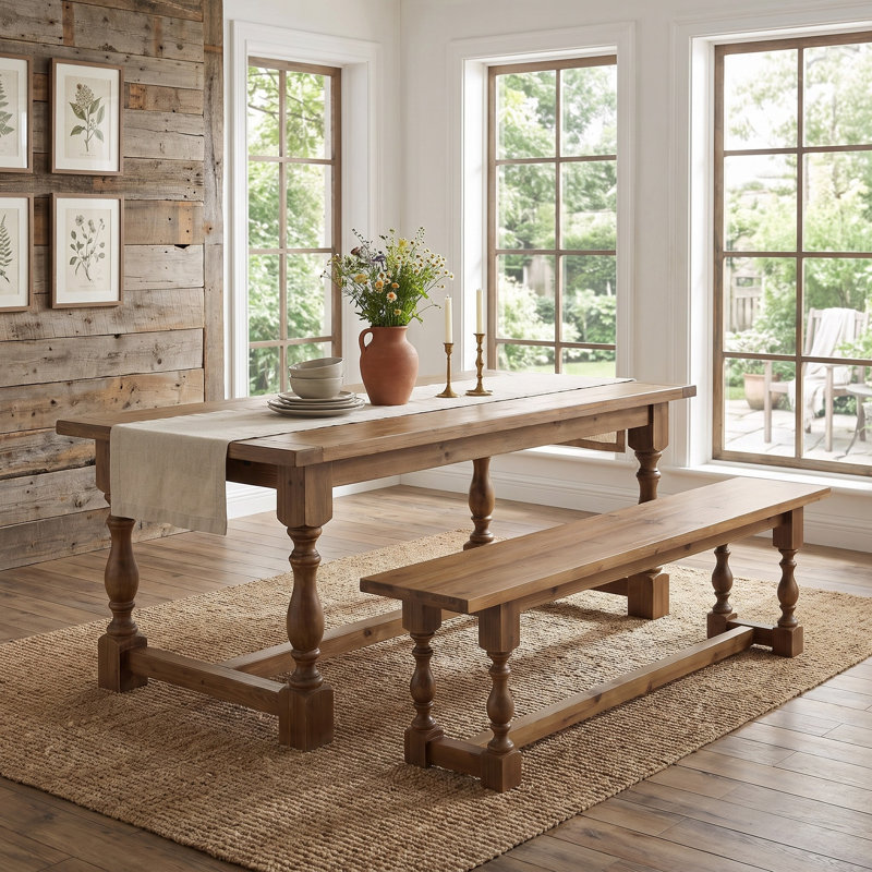 59 Inch Long Solid Wood Dining Bench with Turned Legs
