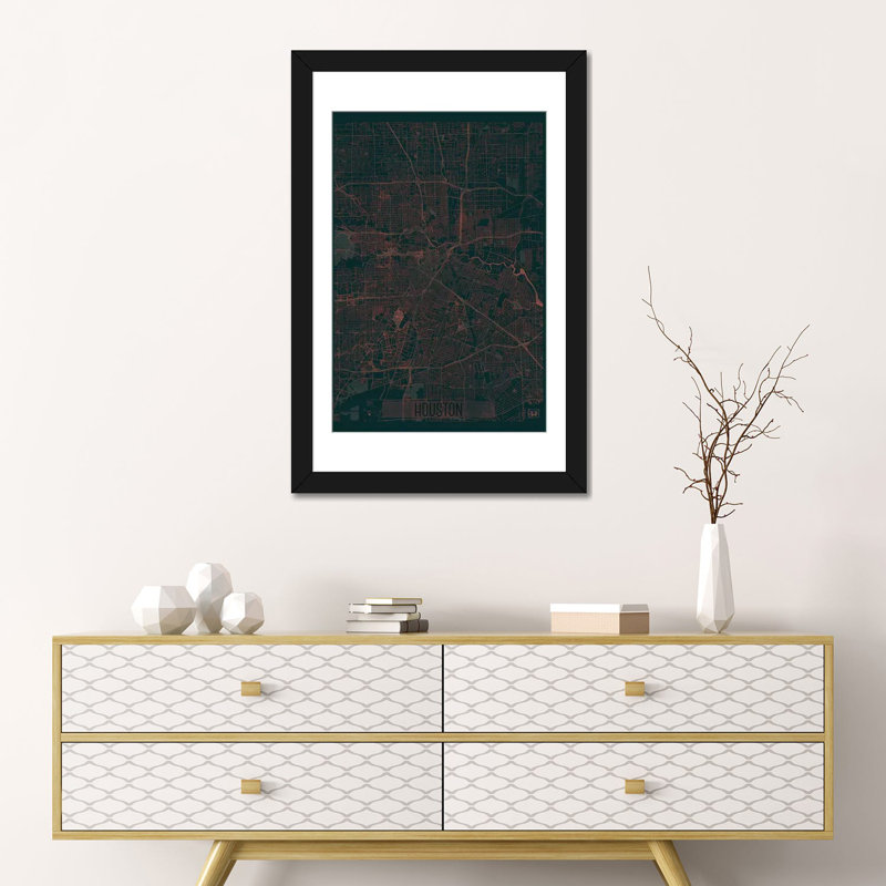 « houston infrared urban blueprint map », impression sur toile, H 24 po x l 16 po x P 1 po, Papier avec cadre noir, Blanc