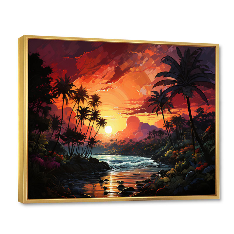 Palmiers sur un coucher de soleil coloré sur toile, Cadre flottant doré, H 34 po x l 44 po x P 1,5 po