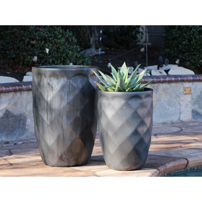 Pots de fleurs hauts en grès cérame à motif diamant, ensemble de 2 - Intérieur/Extérieur