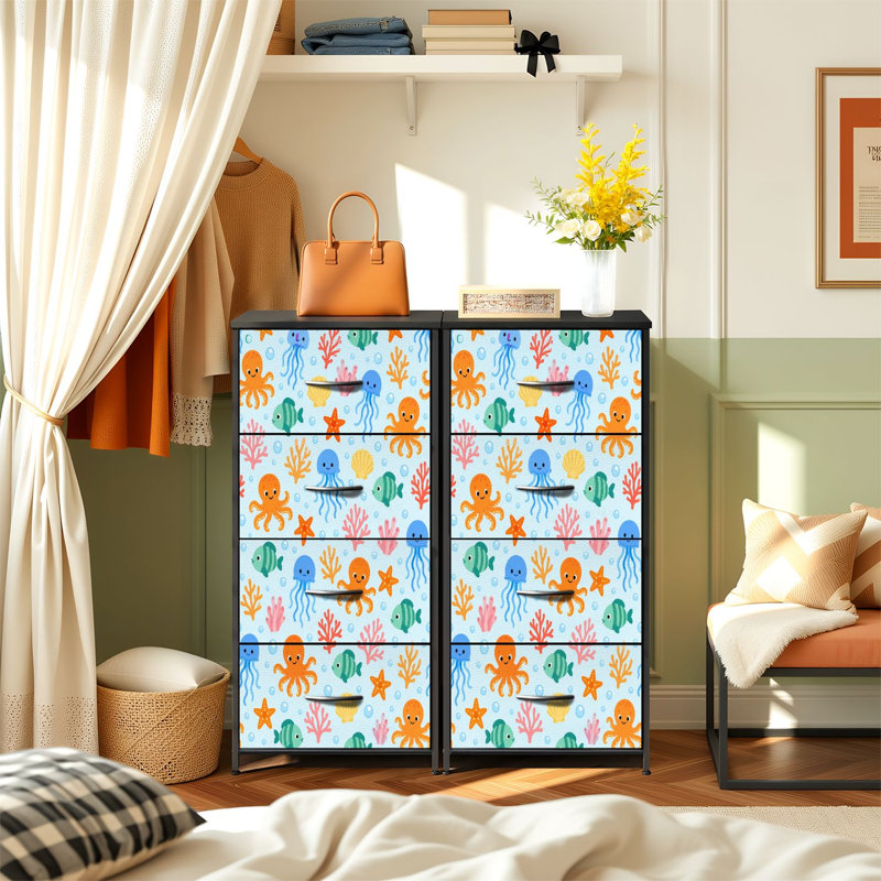 Commode de rangement verticale à 4 tiroirs avec tiroirs en tissu