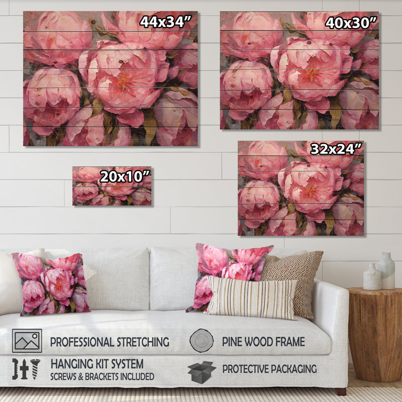 Perfection de la pivoine rose, impression sur bois naturel, H 24 po x l 32 po x P 0,78 po