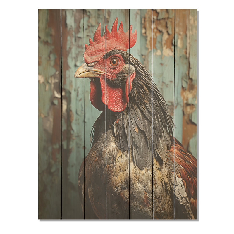 Farmhouse Barn Rooster Portrait I - Poulet sur bois, H 20 po x l 10 po