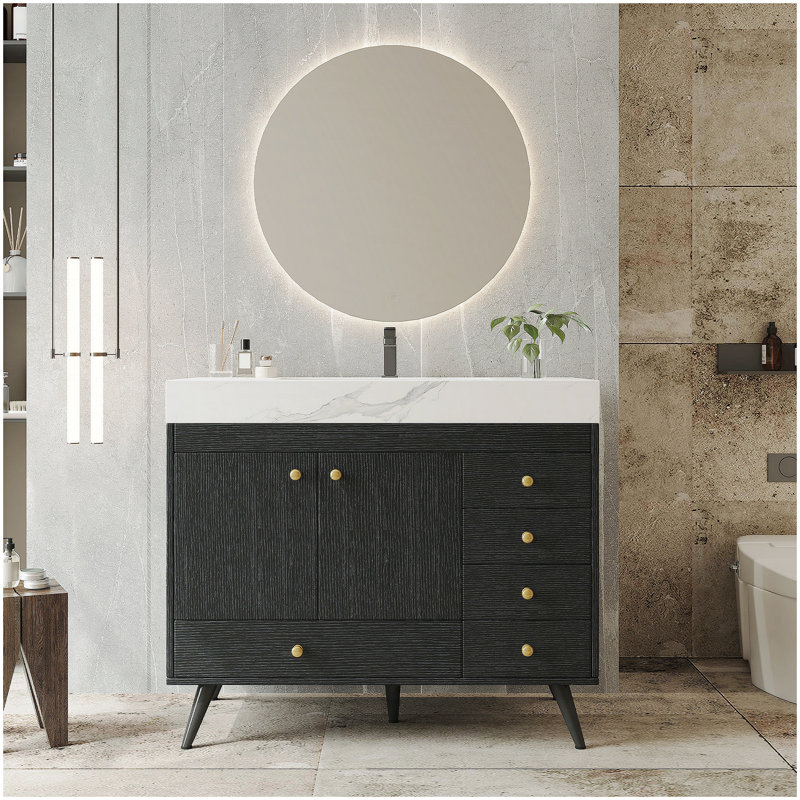 Meuble-lavabo autoportant de 36 pouces avec comptoir en faux marbre, lavabo en céramique et plusieurs options de rangement