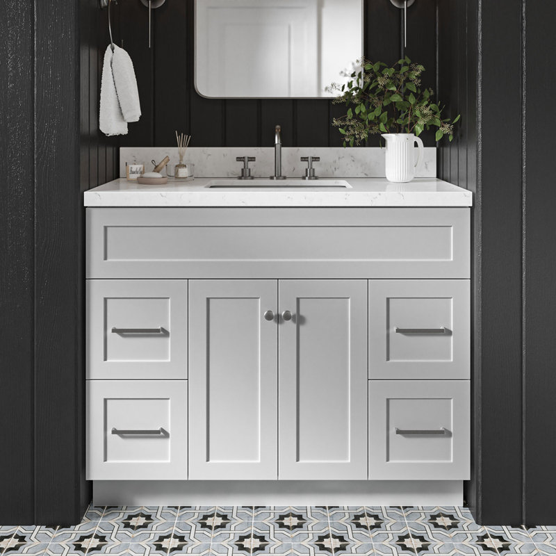 Meuble-lavabo sur pied simple 42 po avec plateau en quartz Hamlet, Gris