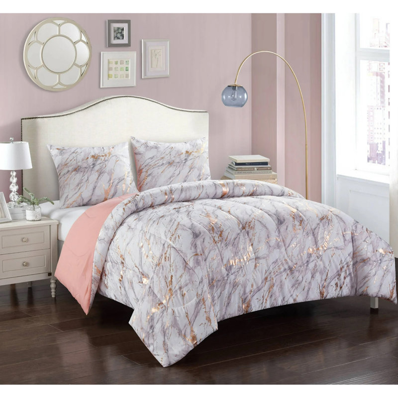 Ensemble d'édredon en marbre métallique, Édredon pour lit simple TG + 1 taie décorative, Or rose