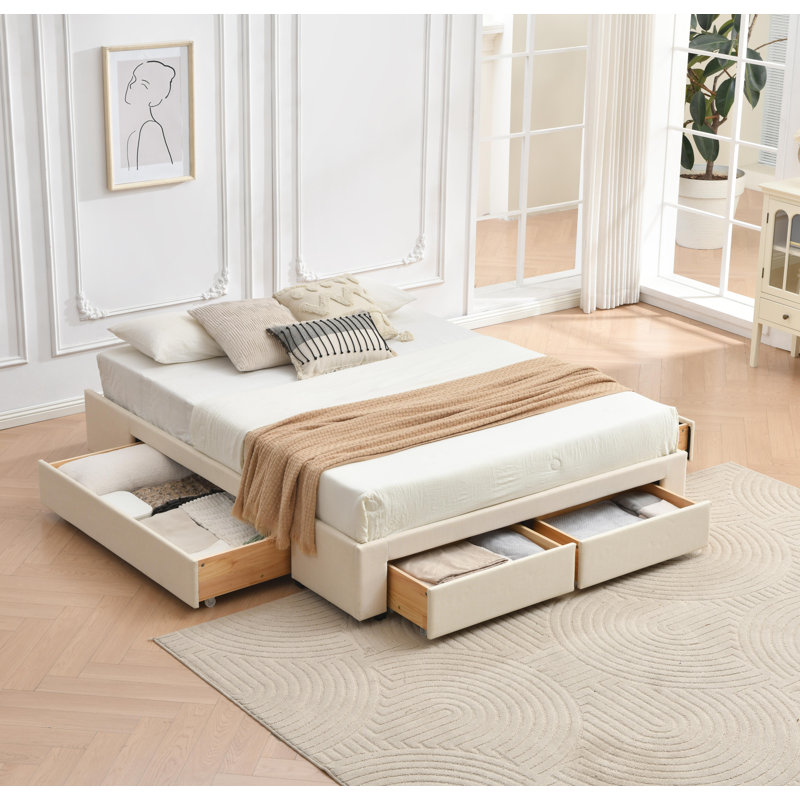 Lit plateforme avec rangement 4 tiroirs, Beige, Grand