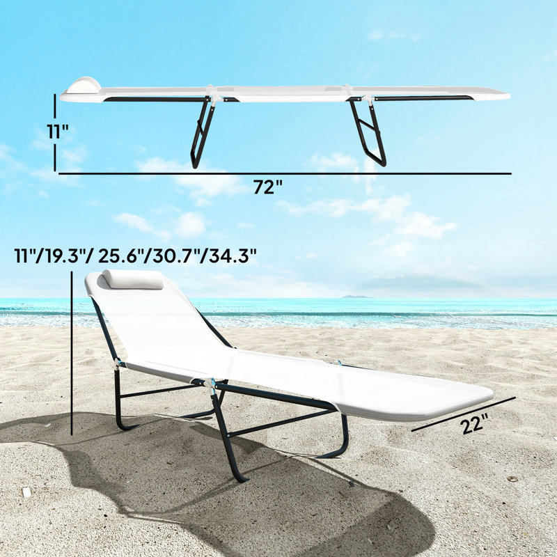 Shelly Folding Chaise Lounge Pool Chairs, Outdoor Sun Tanning Chairs with Pillow, Reclining Back, Steel Frame & Breathable Mesh for Beach, Yard, Patio