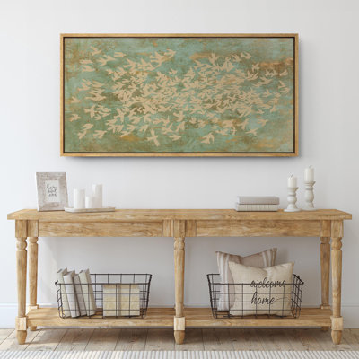 Abstract Green Flying Birds Illustration Rustic Extra Large Pictures Framed Canvas Print Wall Art