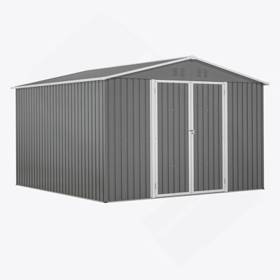 Remise de rangement extérieure 10 x 10 pi, grande remise à outils en métal avec structure à cadre et portes verrouillables, abri de jardin pour la cour de jardin, gris