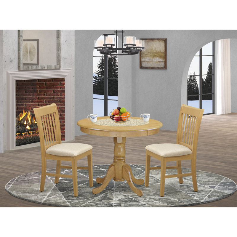 Oak Finish Round Dining Table with Linen Upholstered Chairs