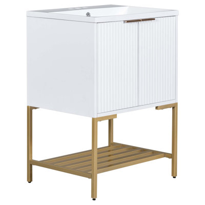 Meuble-lavabo 24 po avec lavabo, meuble-lavabo avec 2 portes et structure en métal doré, tablette de rangement ouverte