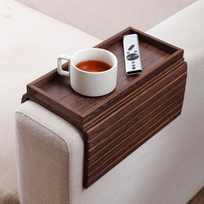 Plateau porte-gobelet en bambou, table avec accoudoirs flexibles, accessoires anti-renversement pour café, boissons, collations, télécommandes, téléphones cellulaires, assiettes, couleur bambou brun