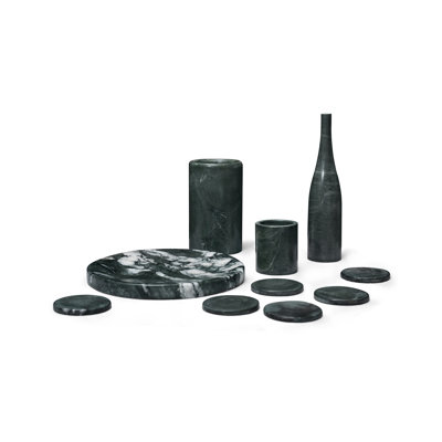 Ensemble de décoration de salle à manger en marbre naturel de qualité supérieure (10 pièces) - marbre véritable véritable avec refroidisseur à vin, 6 sous-verres, plateau, contenant de rangement et ornement de vase
