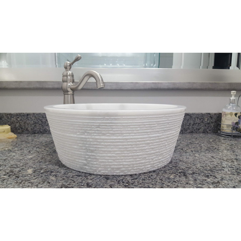 TashMart 16'' Stone Circular Bathroom Sink, Mixed White Marble