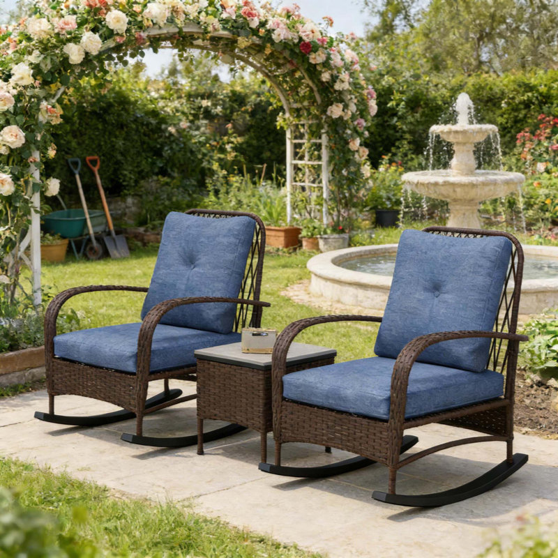 Bistro Set,Balcony Furniture Set,3 Piece Wicker Patio Furniture Set, Dark Blue, Dark Brown