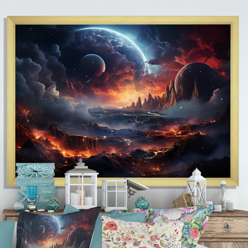 Orange, noir, astronomique, espace, rêves II, H 30 po x l 40 po x P 1,5 po, Cadre doré simple