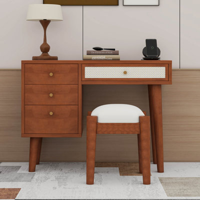 Retro Style Wooden Makeup Vanity Set With Charging Plug & USB Ports And Cushioned Stool