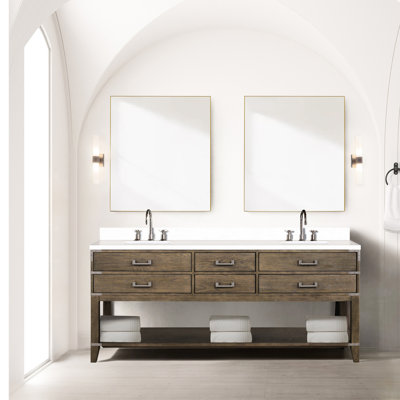 Meuble-lavabo double en chêne gris 80 po Largeur, profondeur 22 po, plateau en quartz blanc, structure en bois massif, tiroir à fermeture en douceur, quatre tiroirs et tablette ouverte, pré-percé pour robinet à 8 fentes