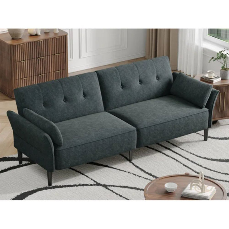 89" Velvet Fabric Convertible Sofa Couch with 2 Square Pillows,Adjustable Backrest& Armrests, Dark Gray