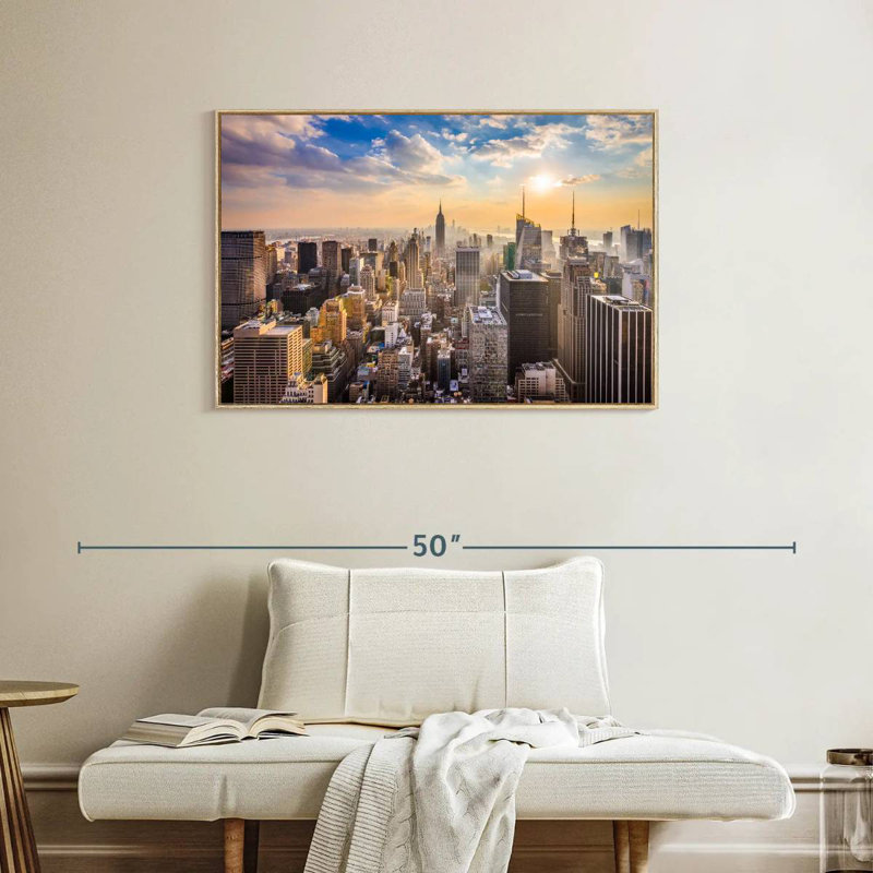 New York Riva au lever du soleil, Cadre flottant en bois naturel, 37 po x 25 po