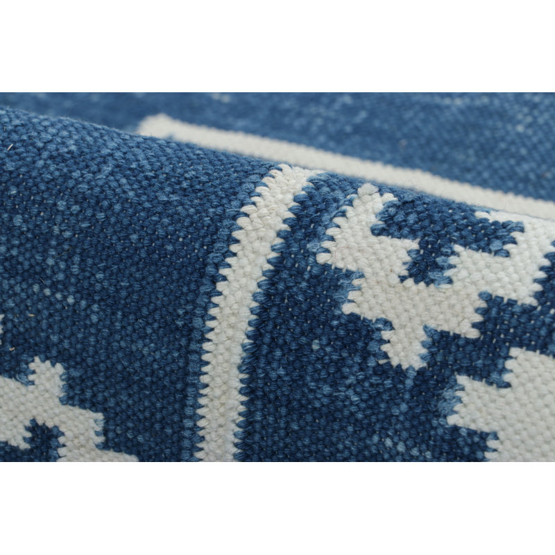 Rug & Kilim’S Contemporary Dhurrie Rug In Blue With White Geometric Medallions