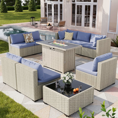 9 Pieces Design-Oriented Rattan Patio Conversation Sets With Fire Pit