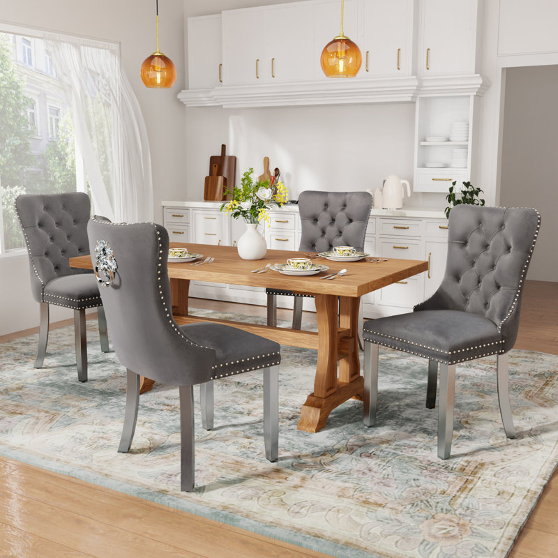 High-end Tufted Velvet Upholstered Nailhead Dining Chair, Gray, Light Brown