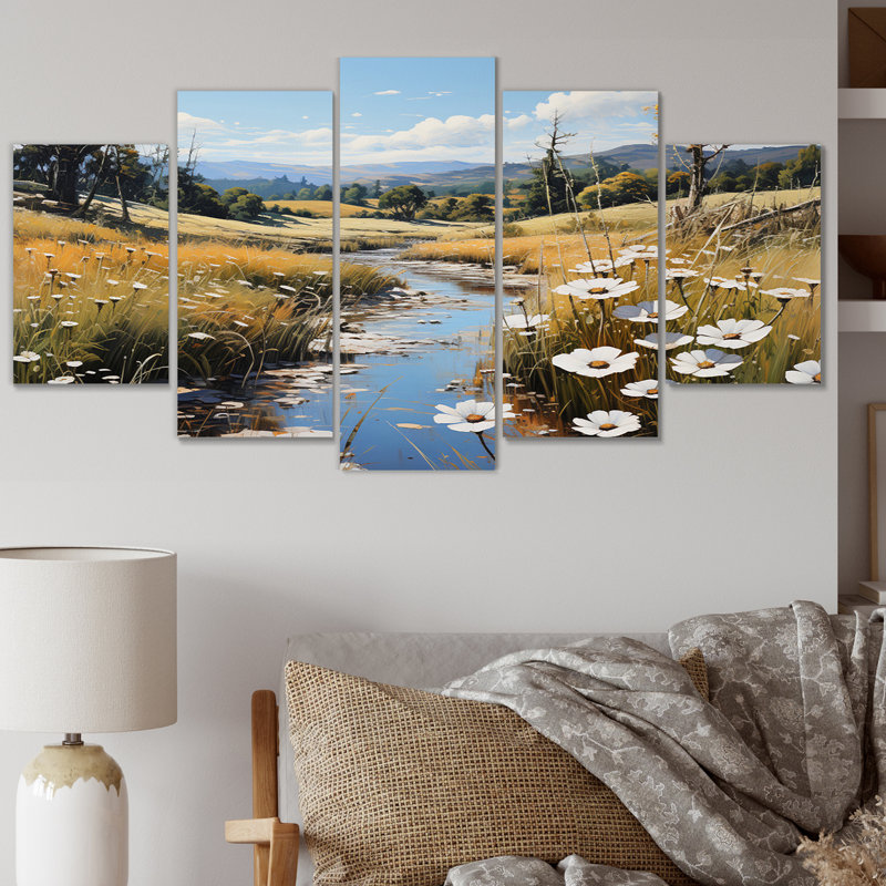  «Meadow Whispers Pastoral - Impression sur toile de paysages - 5 panneaux