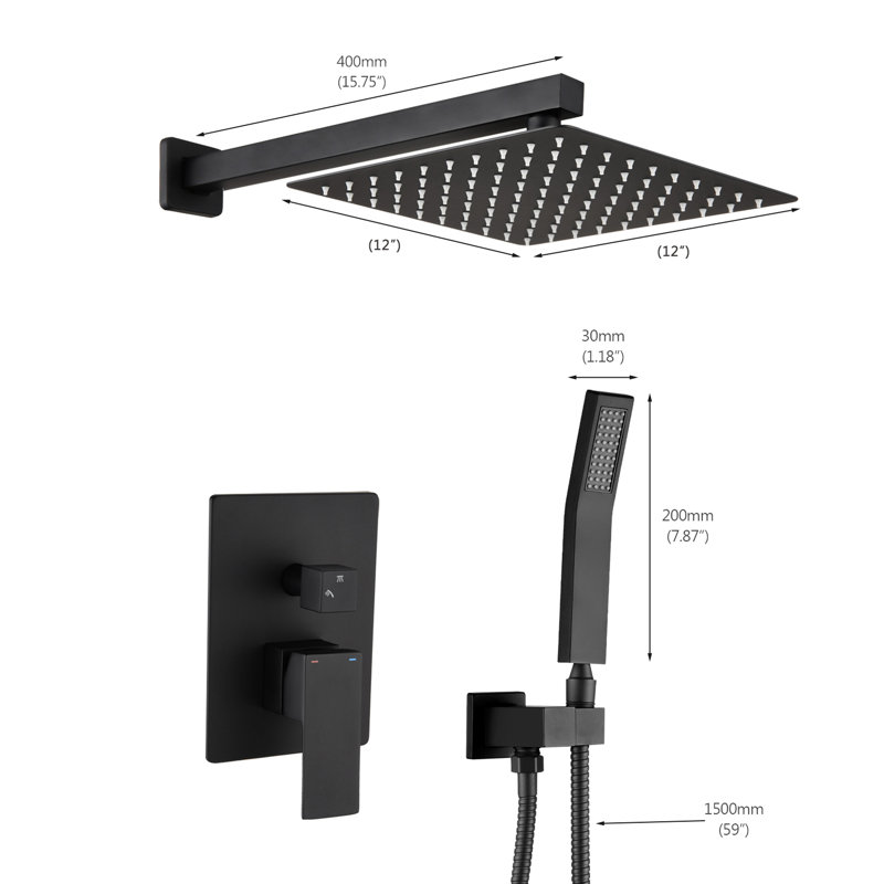 Système de douche à pluie en laiton noir mat avec douche à main, inverseur et combinaison stable de température de l'eau, mélange chaud / froid intégré, tête facile à nettoyer, jet supérieur relaxant