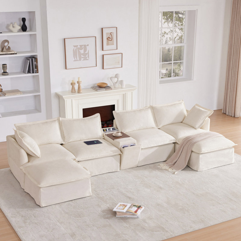 Canapé modulaire en U avec repose-pieds mobile, Chenille beige