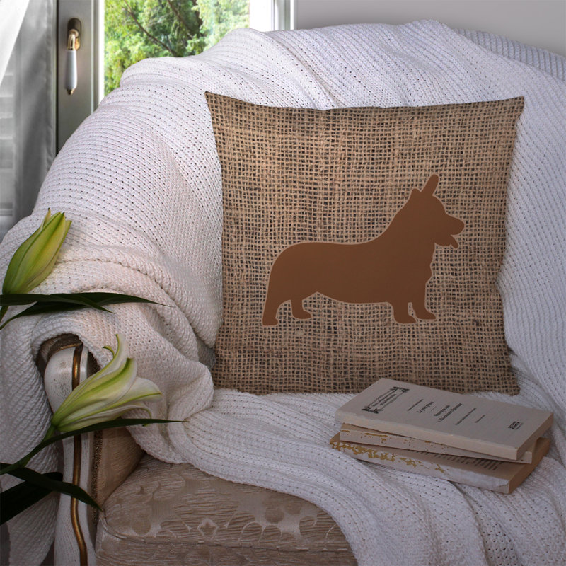 Coussin décoratif intérieur/extérieur corgi en toile jute, H 18 po x l 18 po x P 5,5 po, Brun