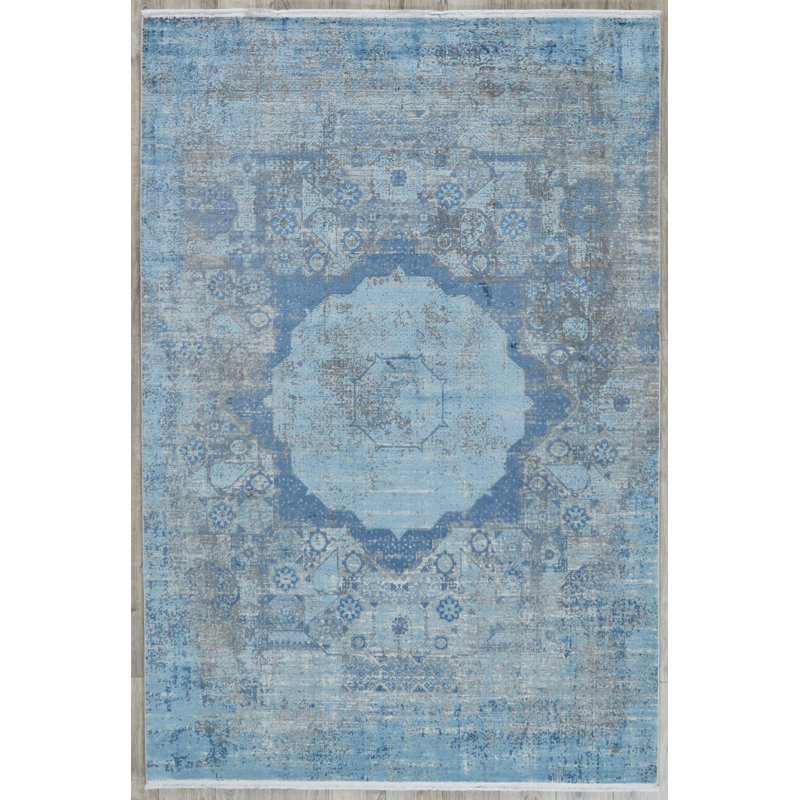 Ivory and Blue Viscose Rectangular Fringed Area Rug
