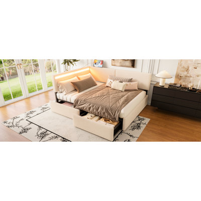 Twin Size Boucle Upholstered Cloud Bed Frame With Headboard, 2 Storage Drawers, Led , Charging, Solid Wood Legs And Slats, No Box Spring Needed, Beige, Ideal For Cozy Bedroom, Comfortable Foam