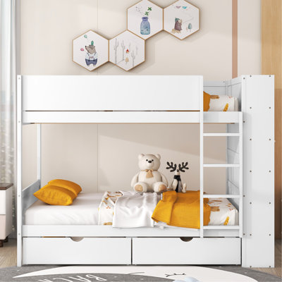 Full Over Bunk Bed With 2 Drawers And Practical Cabinet, White - Maximize Space Function Drawer Cabinet Storage For Neat Bedroom Comfortable Sleeping Condition