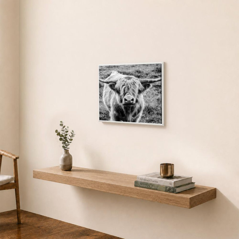 «Highland Cow Staring Contest» par Nathan Larson - impression sur toile, 18" H x 24" W, Cadre flottant biseauté, White