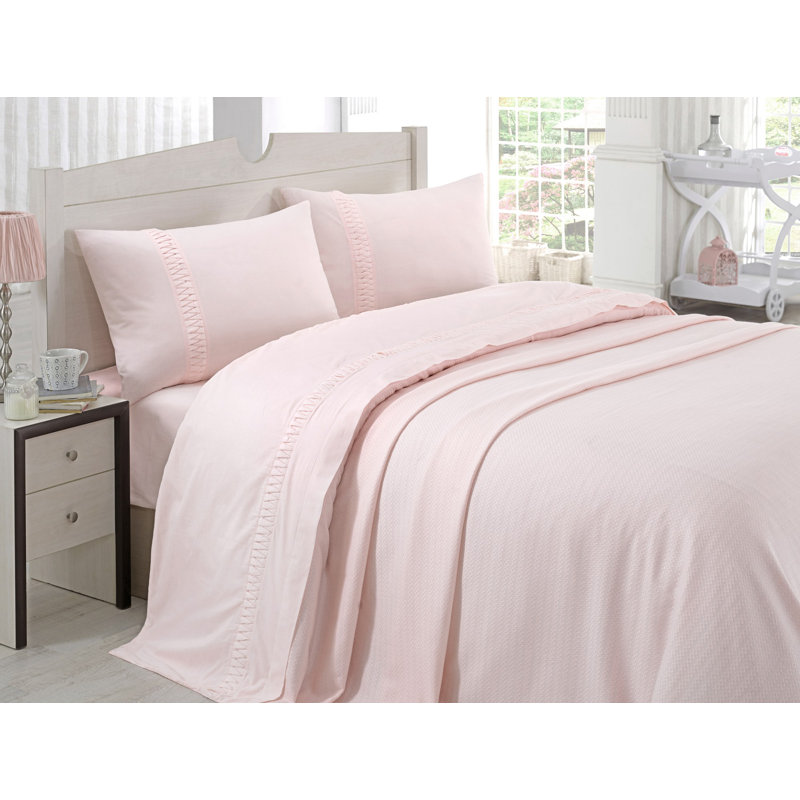 Ensemble 100% coton piqué Cydnei, Courtepointe 94 po x 87 po + 3 pièces supplément, Rose