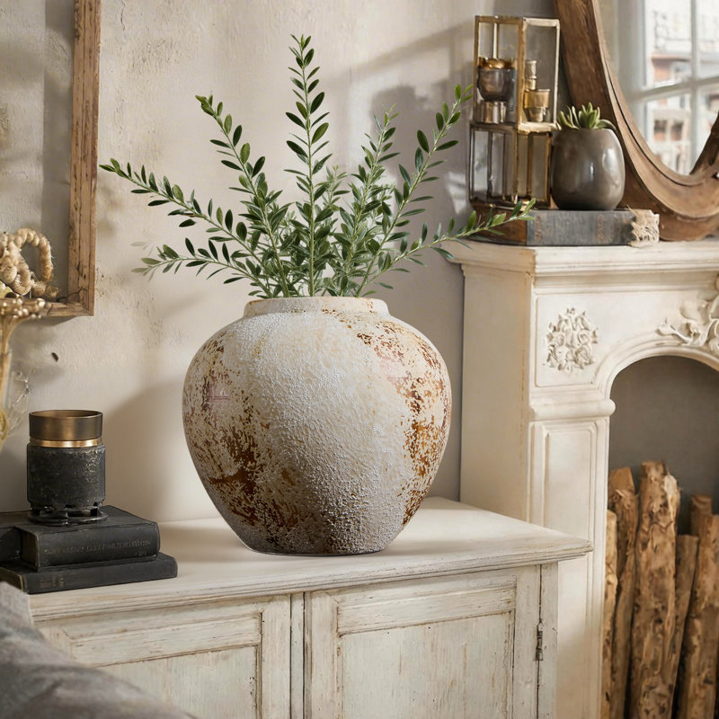 Handmade Ceramic Wide Textured Table Vase, Rustic Style Decorative Vase for Home, Office, Bedroom & Living Room Decor