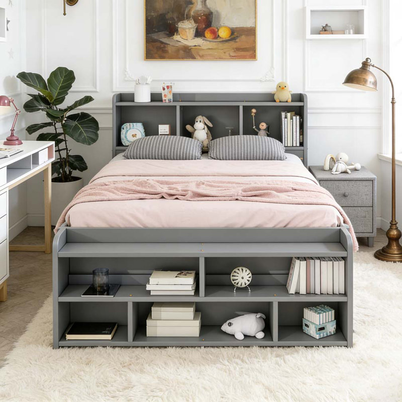 Lit double avec tête de lit bibliothèque, tiroirs de rangement sous le lit et étui de rangement, gris