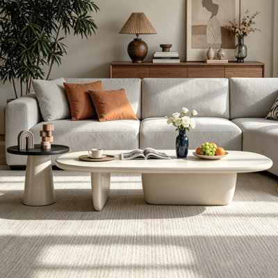 Rudina Modern Oval Coffee Table Set with Small Round Side Table, Large Ash Wood Veneer Living Room Coffee Table with Cross Base for Small Spaces