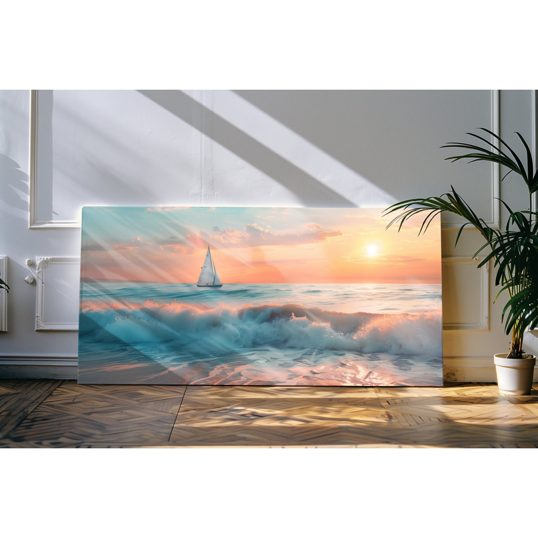 Leinwandbild gerahmt 120x60cm Sonnenuntergang Segelboot Horizont Wellen Meer