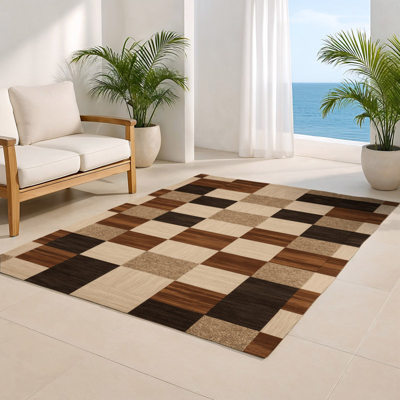 Tapis d'intérieur et d'extérieur à carreaux brun, Rectangulaire 2 pi x 3 pi