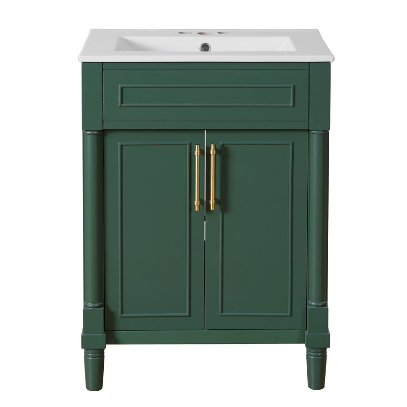 24" Freestanding Bathroom Vanity With Half-Moon Ceramic Sink, Modern Cabinet With 2 Doors And Adjustable Shelf, Green/White/Black