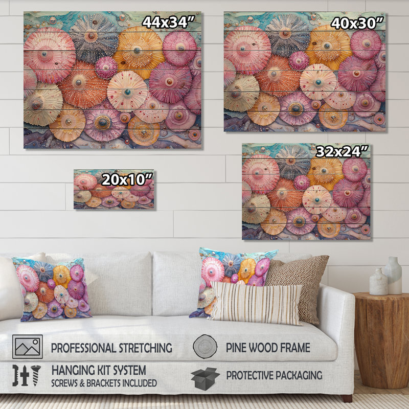 Colorful Sea Urchin In Parade II - Sea Urchin Wood Print - On Natural Pine Wood, 10" H x 20" W x 0.78" D